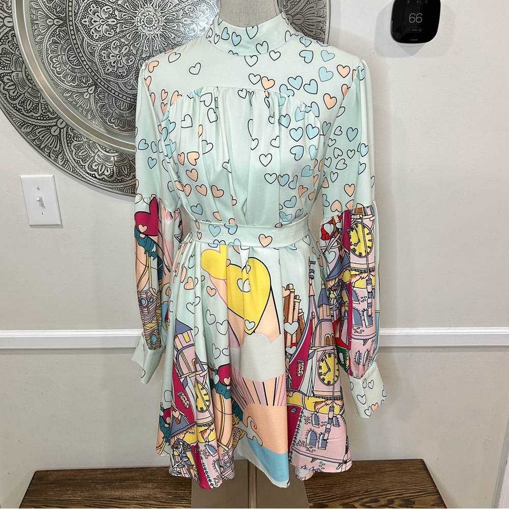 Pink Ripple heart print, palace, hot air balloons dress - Size L